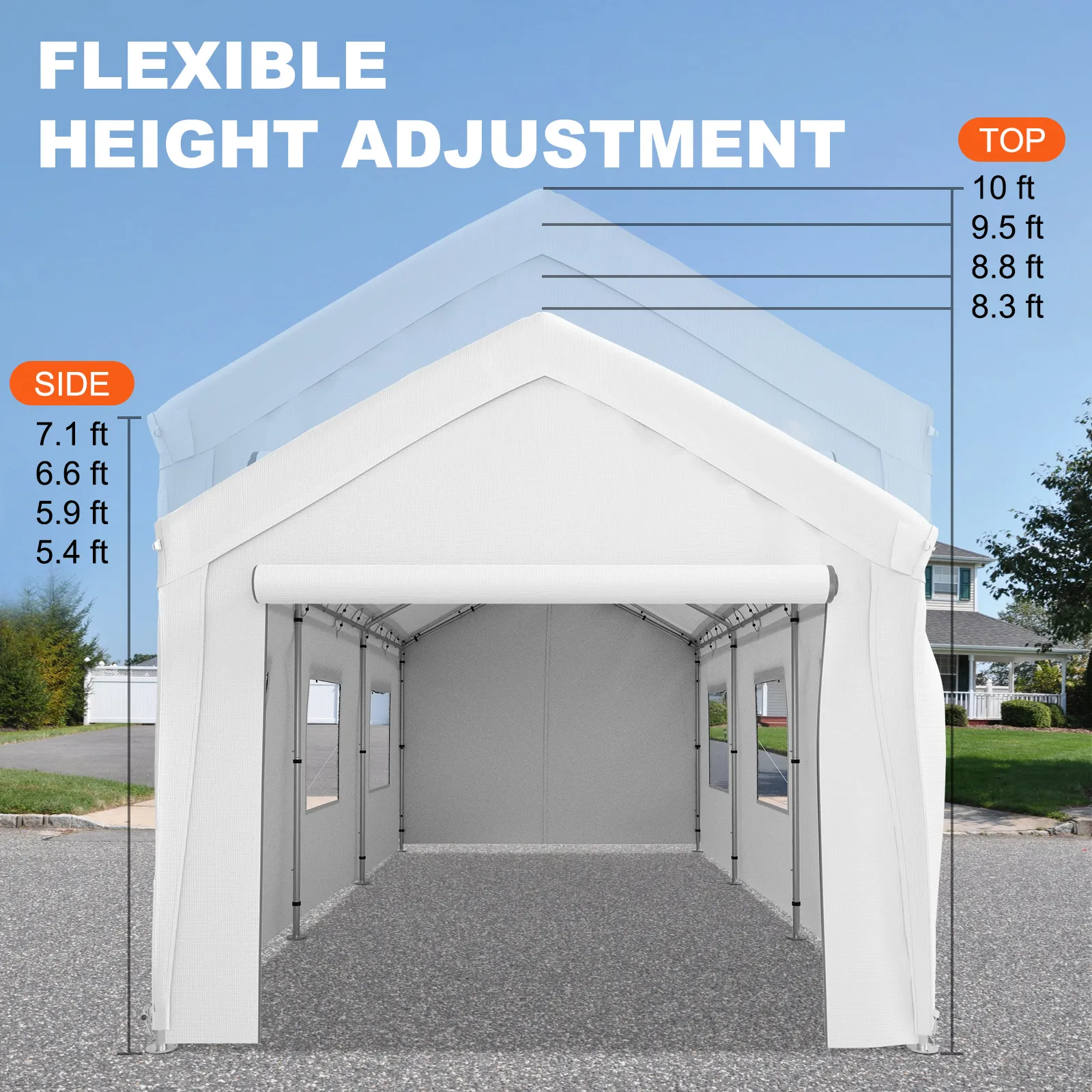 Marquesina para cochera VEVOR con ajuste de altura flexible de 1,6 a 2,1 m (lateral) y de 2,5 a 3 m (superior).