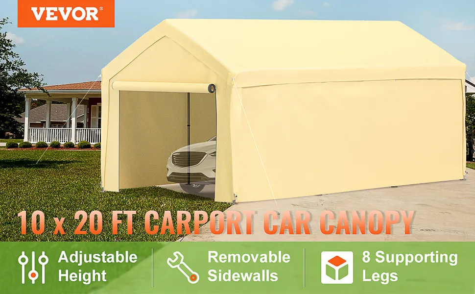 VEVOR carport canopy 10x20 ft with adjustable height, removable sidewalls, and 8 supporting legs.