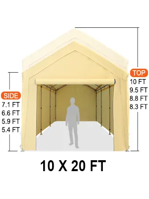 VEVOR carport canopy 10x20 ft beige with height measurements on sides and top, silhouette inside