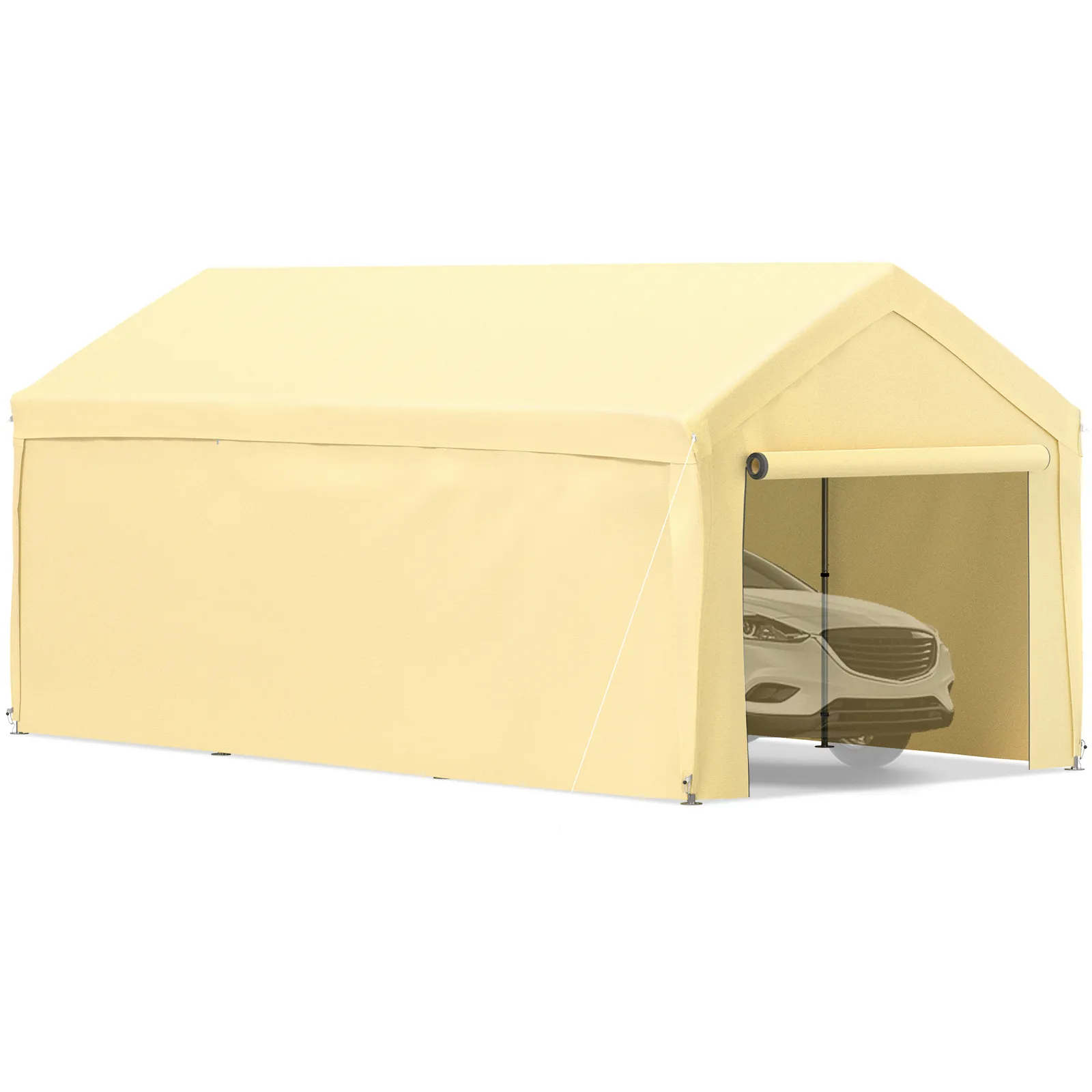 VEVOR carport canopy in beige with a car partially visible inside, featuring a front roll-up door.