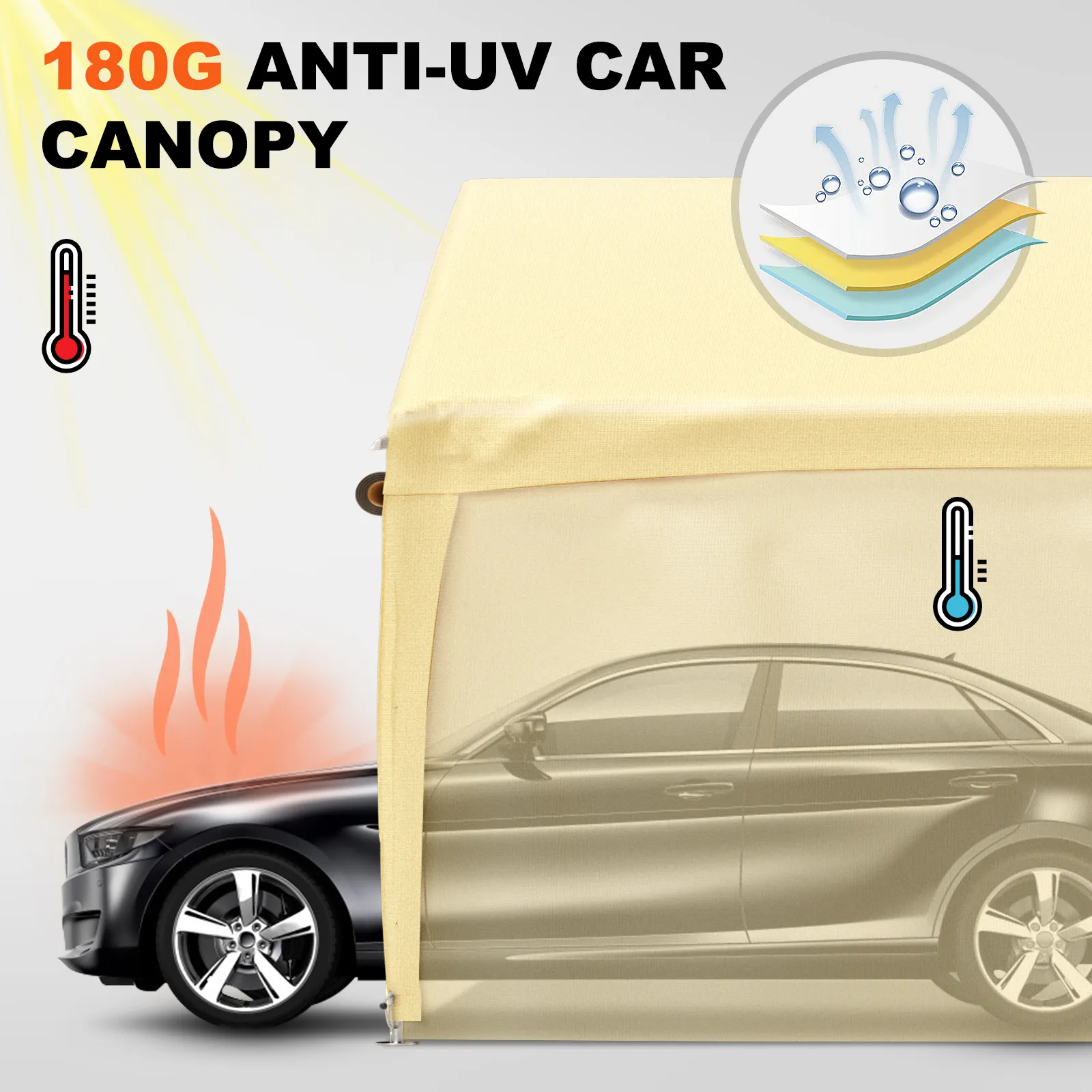 VEVOR carport canopy 180g anti-uv covers a black car, protecting it from heat and uv rays.