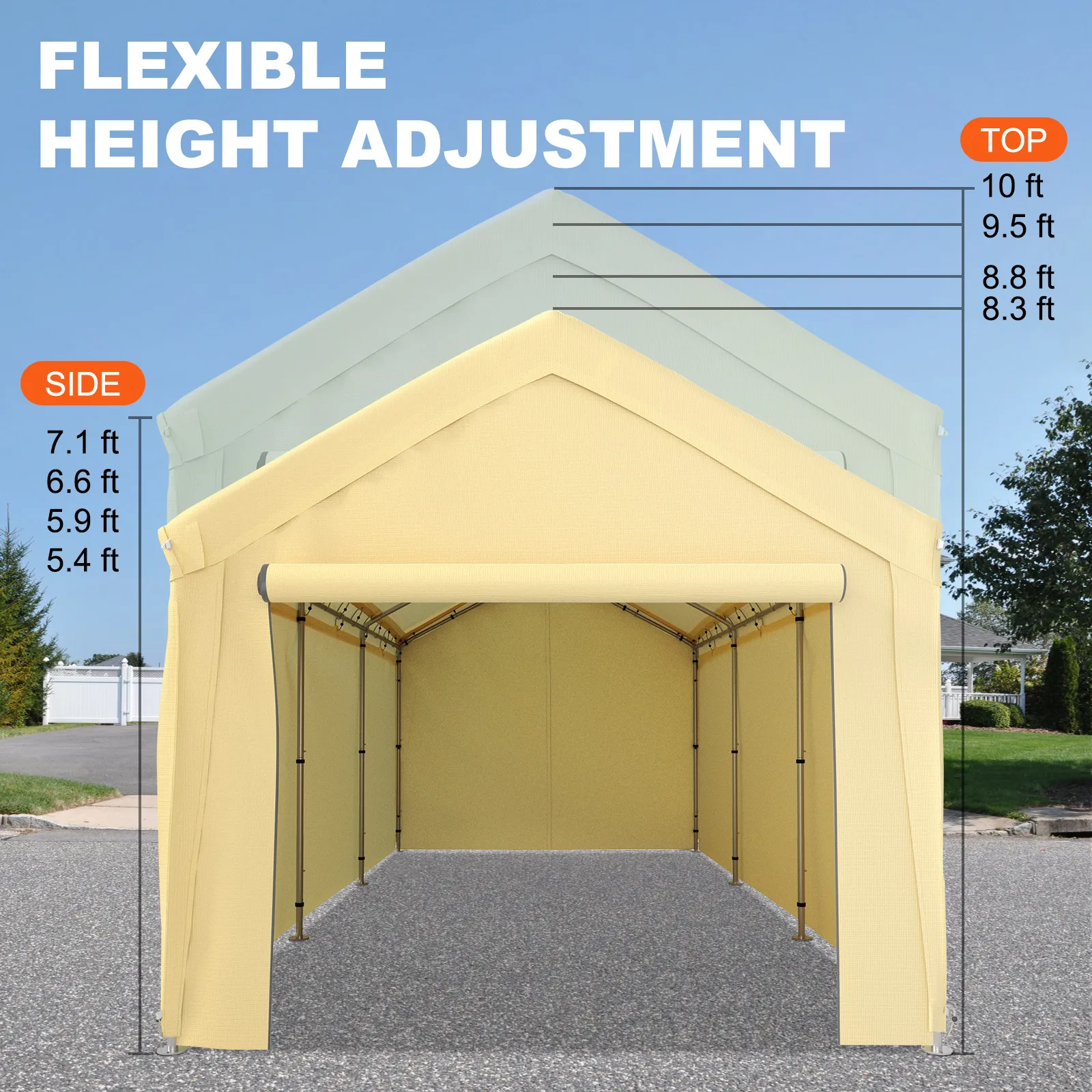 VEVOR carport canopy with adjustable height options from 5.4 ft to 10 ft for flexible use.