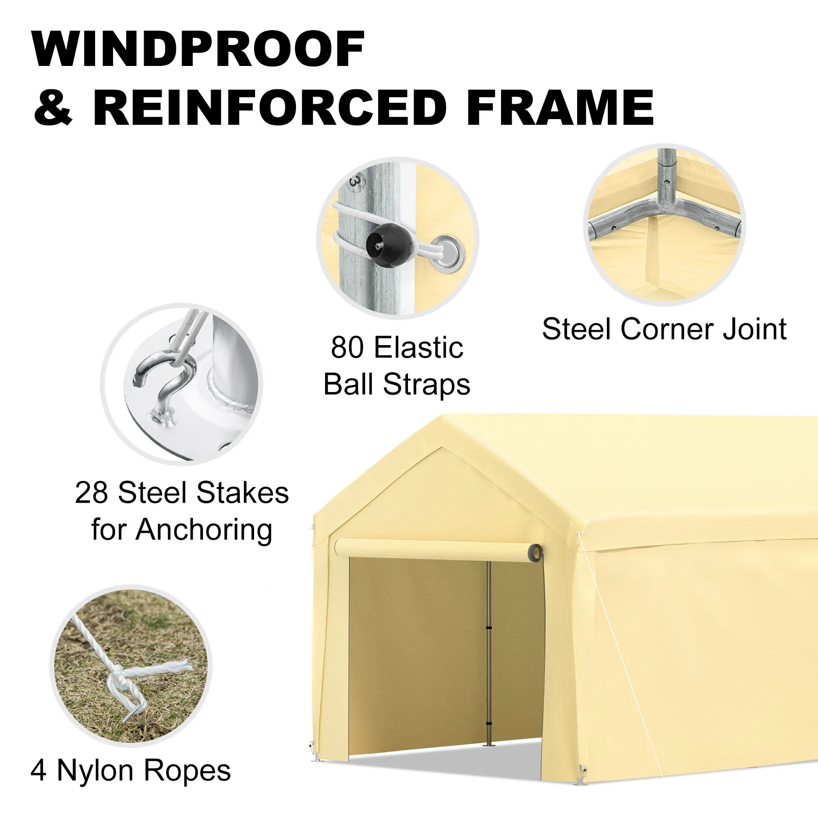 VEVOR carport canopy with reinforced frame, 80 elastic ball straps, 28 steel stakes, and 4 nylon ropes.