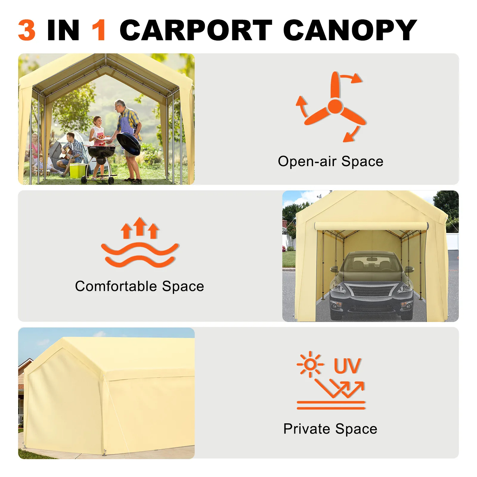 VEVOR carport canopy: 3 in 1 design offering open-air, comfortable, and private uv-protected spaces.