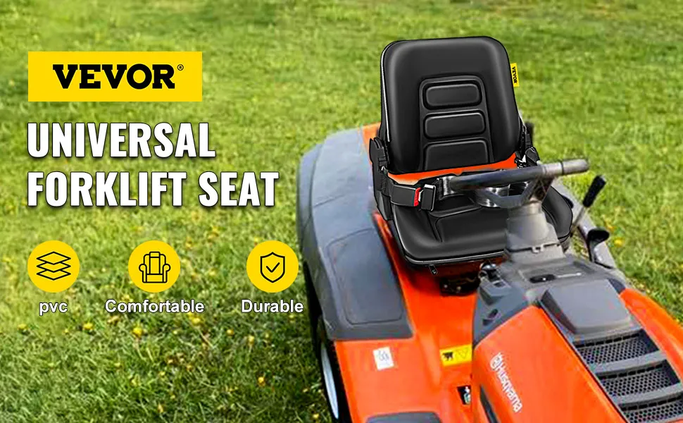 Asiento de carretilla elevadora VEVOR instalado en un tractor naranja, resaltando la comodidad y durabilidad.