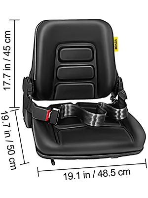 Asiento de carretilla elevadora VEVOR negro con dimensiones en pulgadas y centímetros.