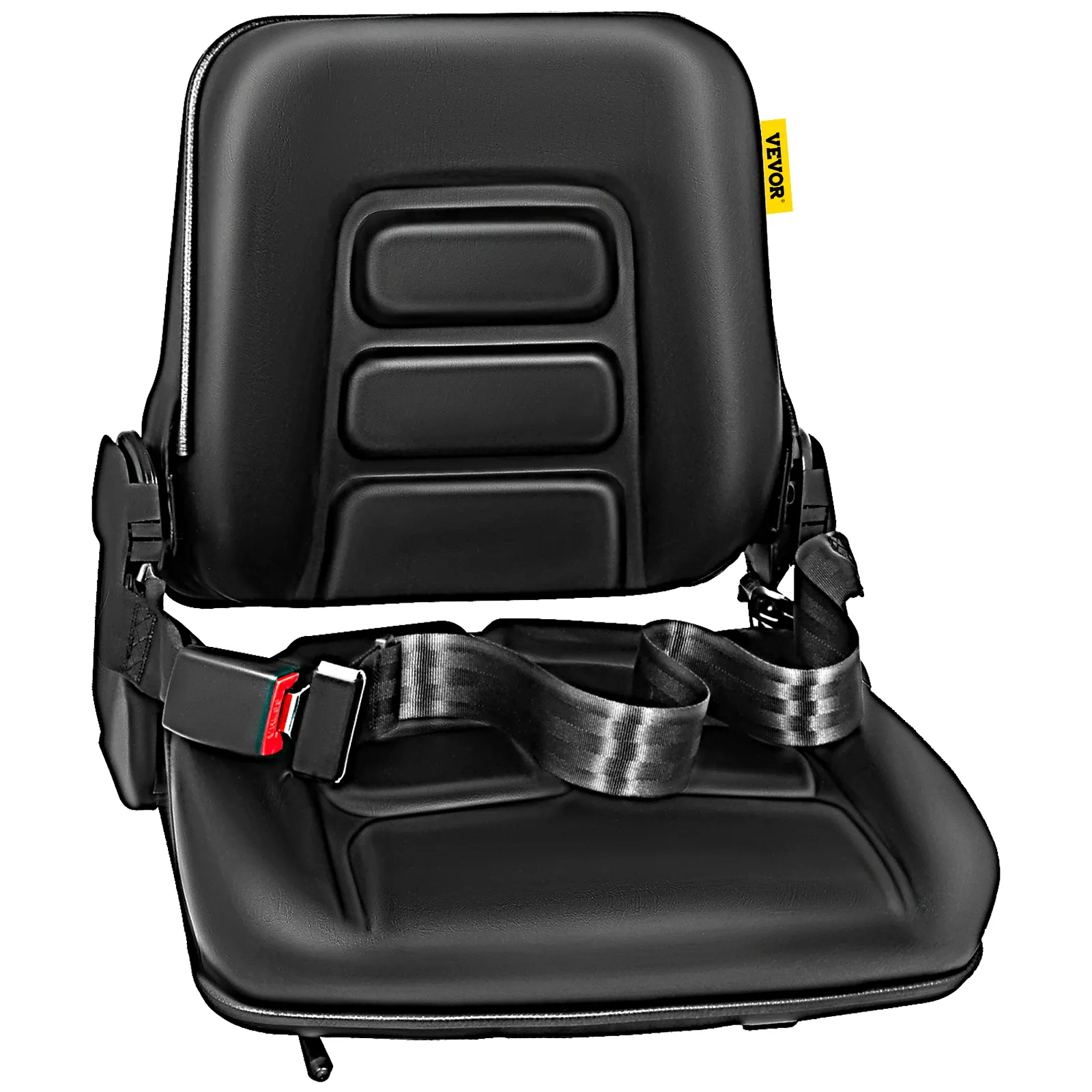 Asiento de carretilla elevadora VEVOR negro con cinturones de seguridad y amortiguación ergonómica.