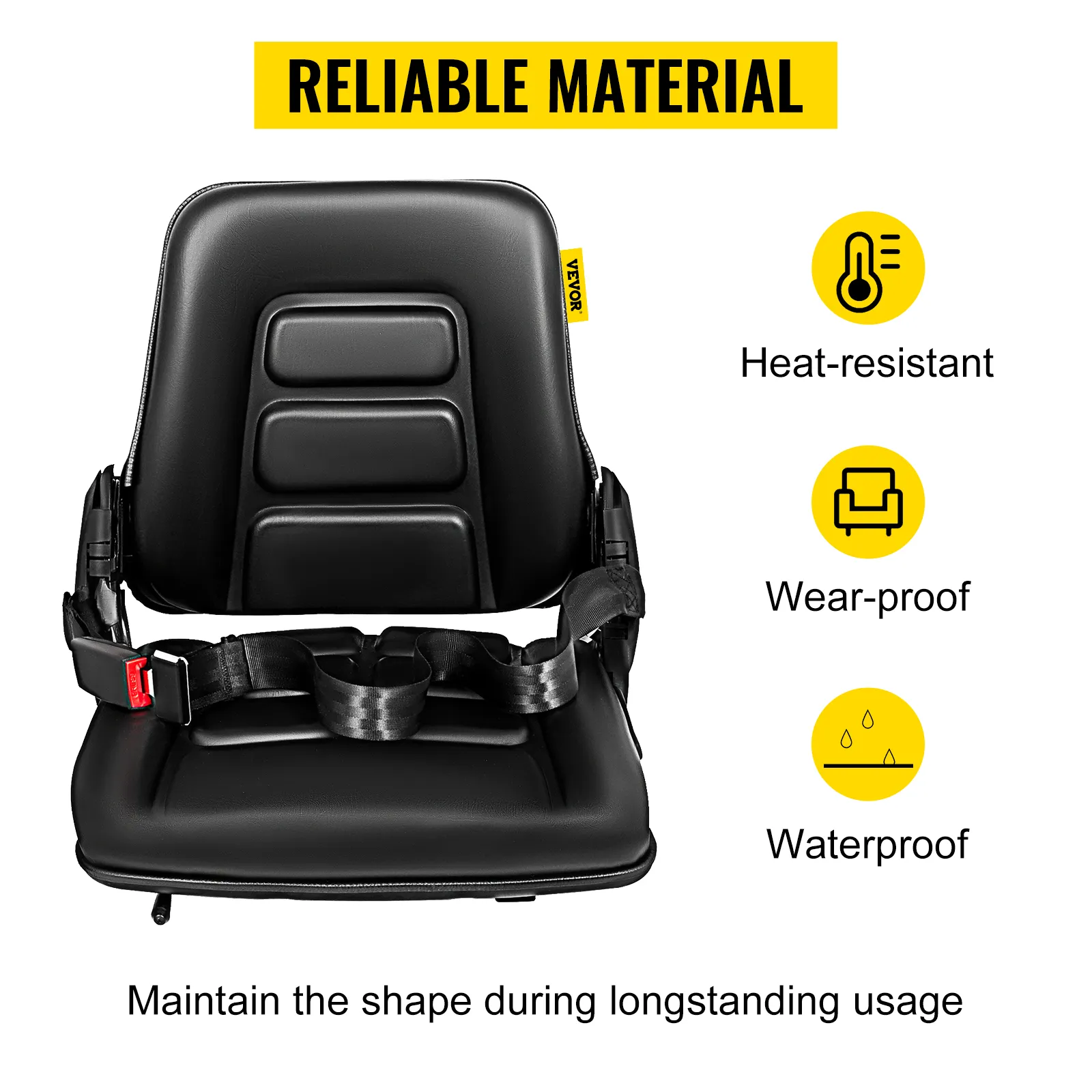 Asiento para carretilla elevadora VEVOR con características resistentes al calor, al desgaste y al agua. Durable.