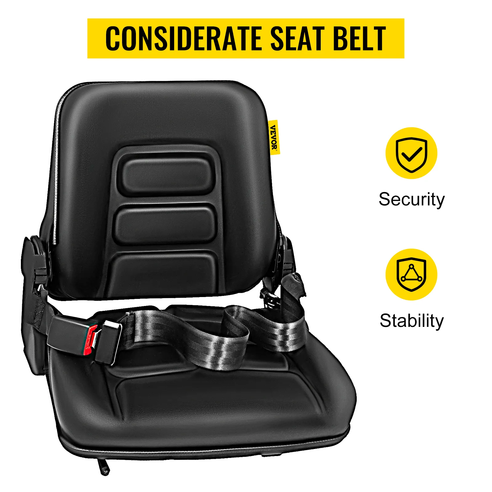 Asiento para carretilla elevadora VEVOR con cinturón de seguridad para mayor seguridad y estabilidad.