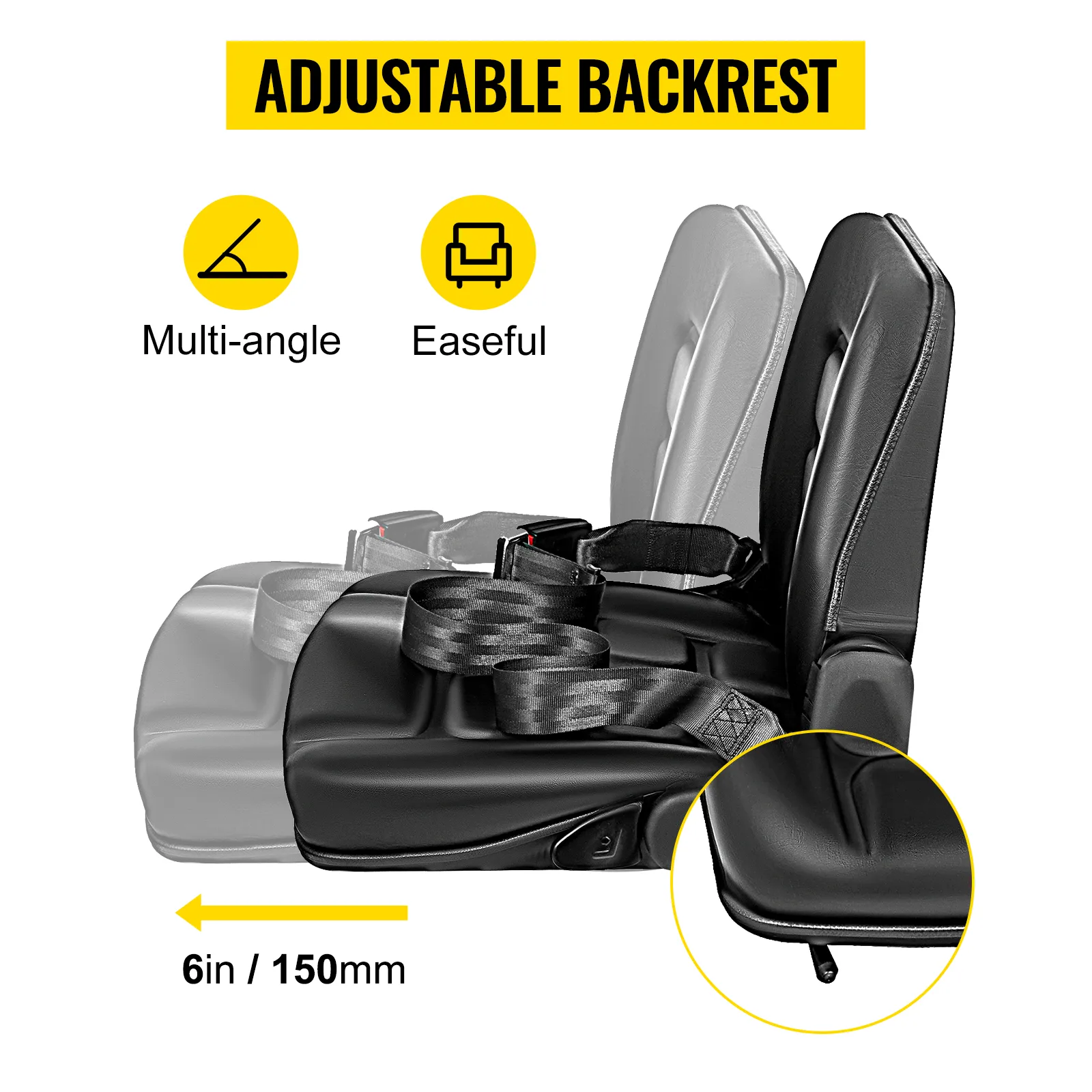 Asiento para carretilla elevadora VEVOR con respaldo negro ajustable, multiángulo, funciones cómodas.