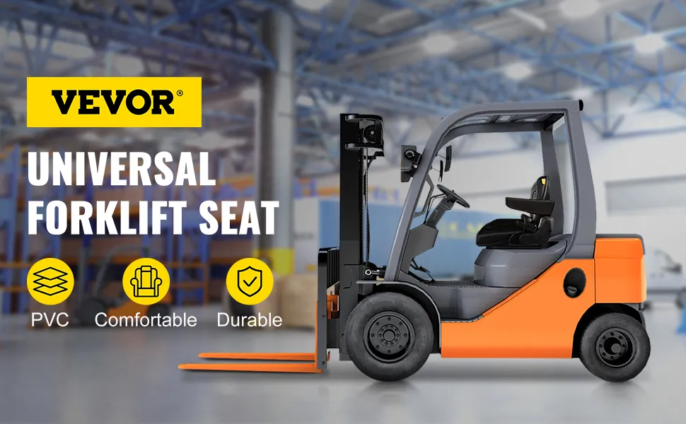 VEVOR forklift seat in orange forklift, promoting pvc comfort and durability benefits.