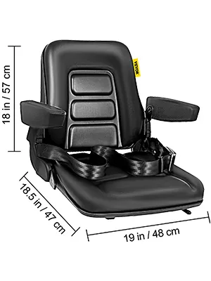 VEVOR forklift seat with armrests, seatbelt, and dimensions labeled.