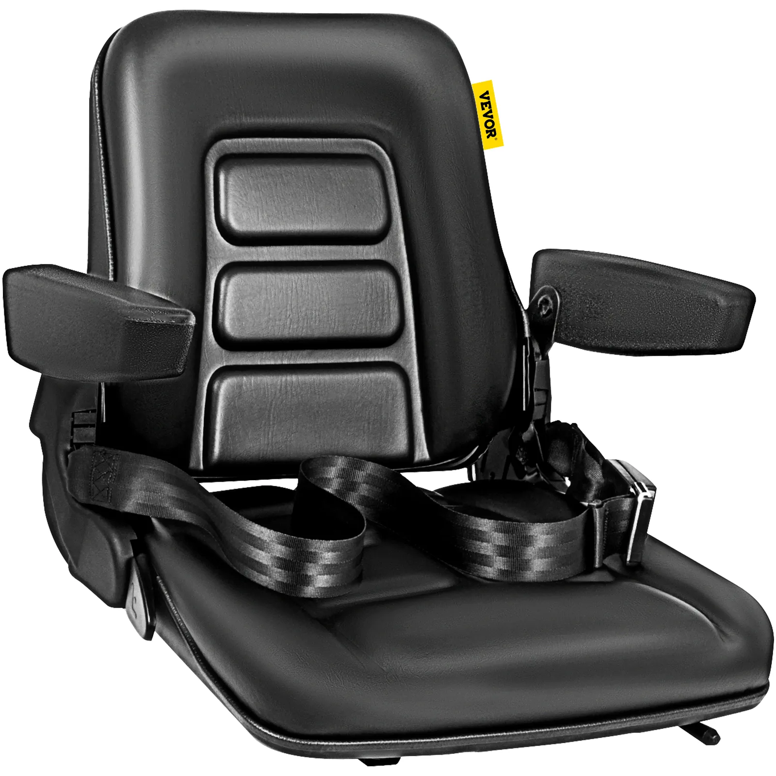 black VEVOR forklift seat with armrests and safety belt.