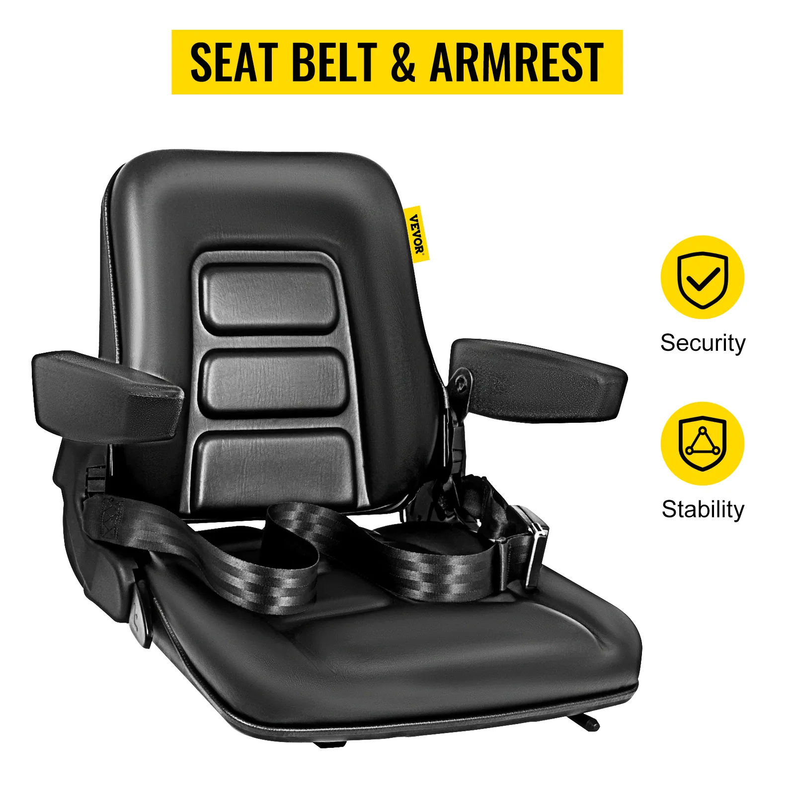 VEVOR forklift seat with seat belt and armrests for added security and stability.