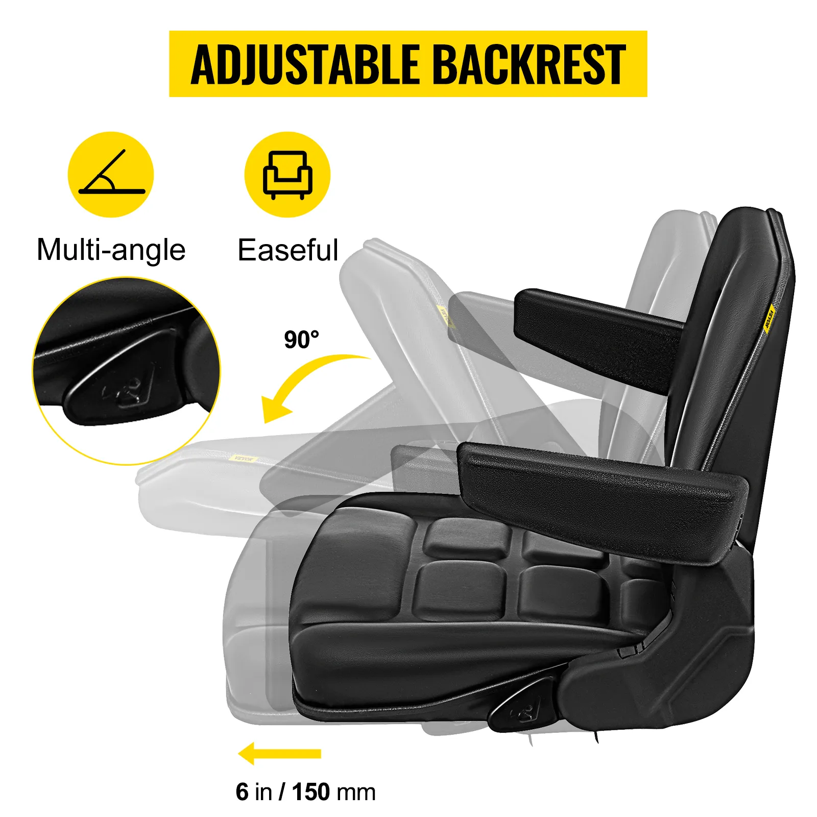 VEVOR forklift seat with adjustable backrest and multi-angle reclining feature.