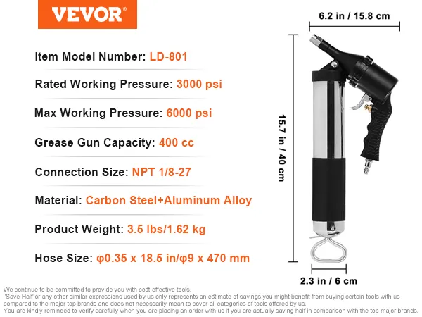 Druckluft-Fettpresse von VEVOR, LD-801, 3000 psi, 400 cc Fassungsvermögen, Kohlenstoffstahl + Aluminiumlegierung.