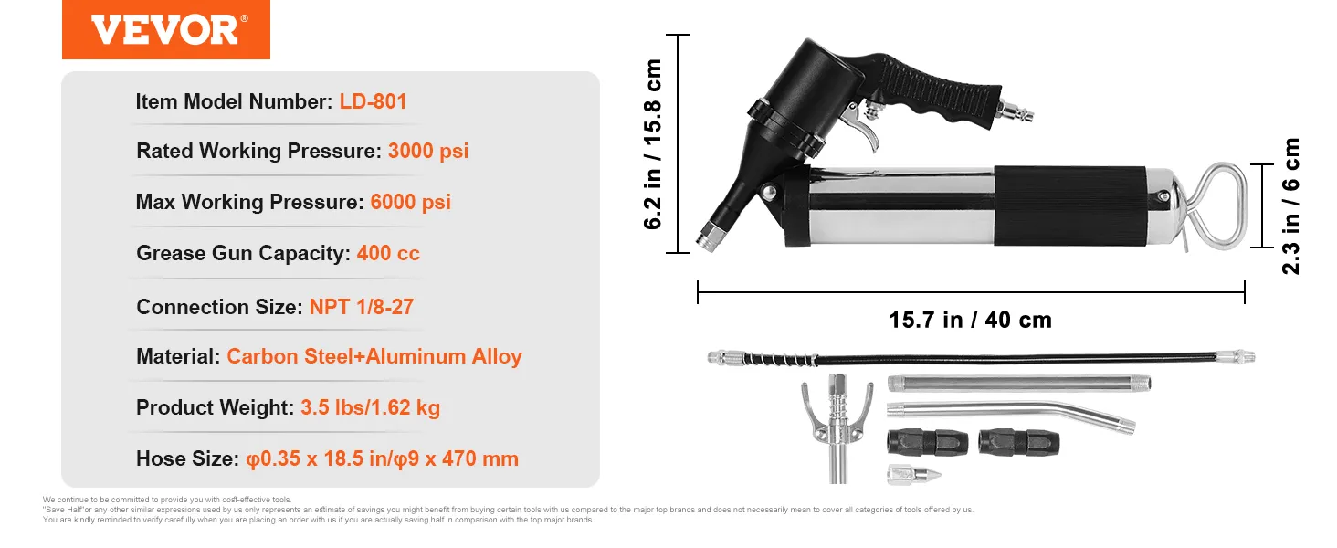 Druckluft-Fettpresse von VEVOR, LD-801, 3000 psi, 400 cc Fassungsvermögen, Kohlenstoffstahl + Aluminiumlegierung.