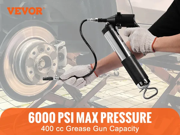 Druckluftbetriebene Fettpresse von VEVOR, 6000 psi max. Druck, 400 ccm Fassungsvermögen, Zubehör abgebildet.