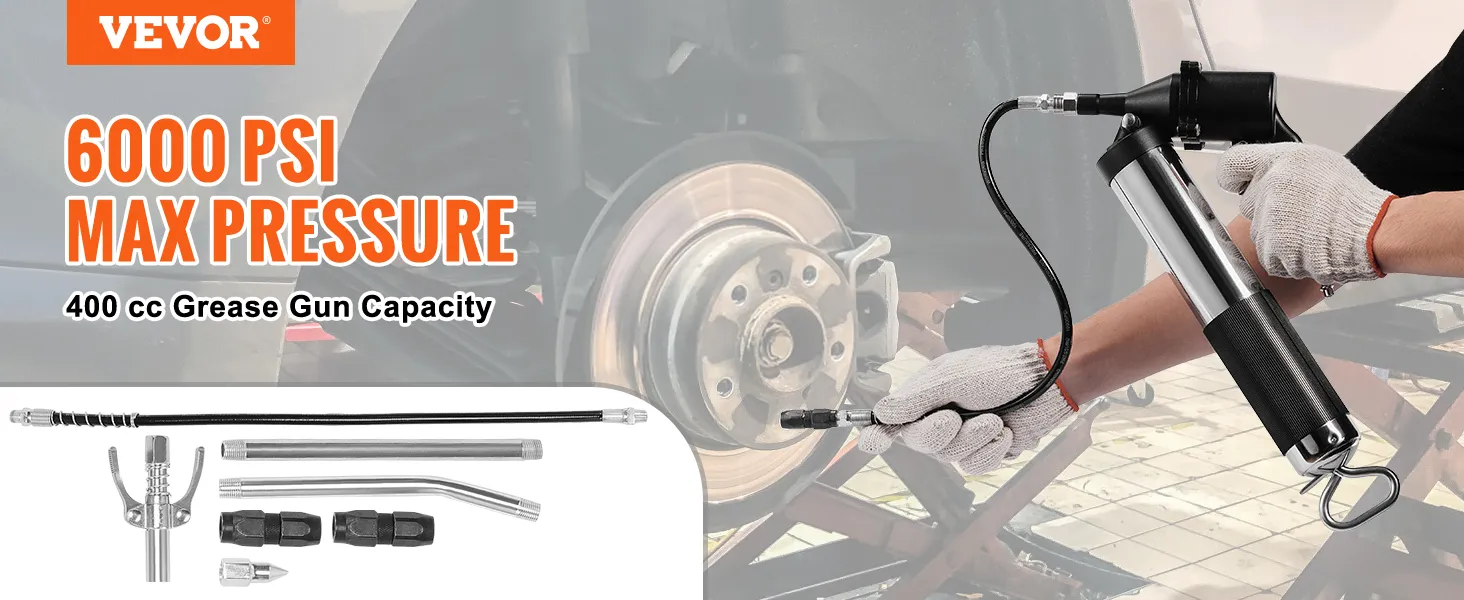 Druckluftbetriebene Fettpresse von VEVOR, 6000 psi max. Druck, 400 ccm Fassungsvermögen, Zubehör abgebildet.