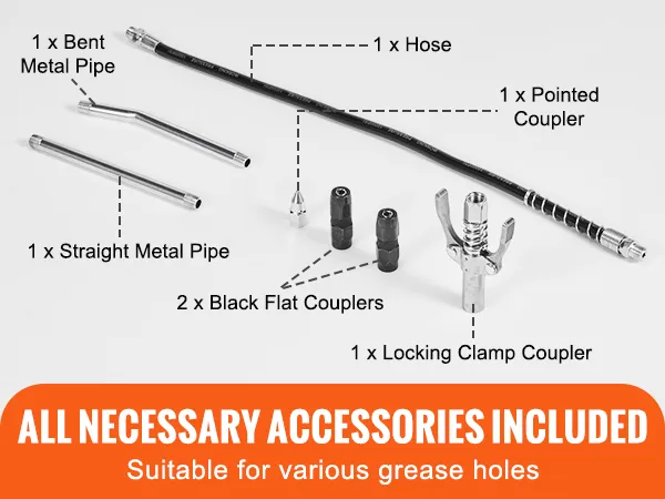 Zubehör für druckluftbetriebene Fettpressen von VEVOR: Schlauch, gebogene und gerade Metallrohre, Kupplungen, Klemme.