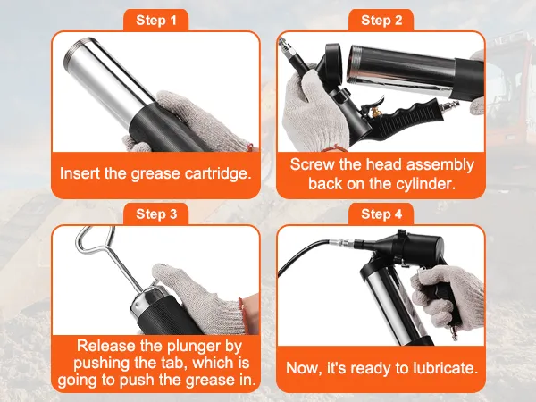 Anleitung für die druckluftbetriebene Fettpresse von VEVOR: Kartusche einsetzen, Montage verschrauben, Kolben loslassen, schmieren.