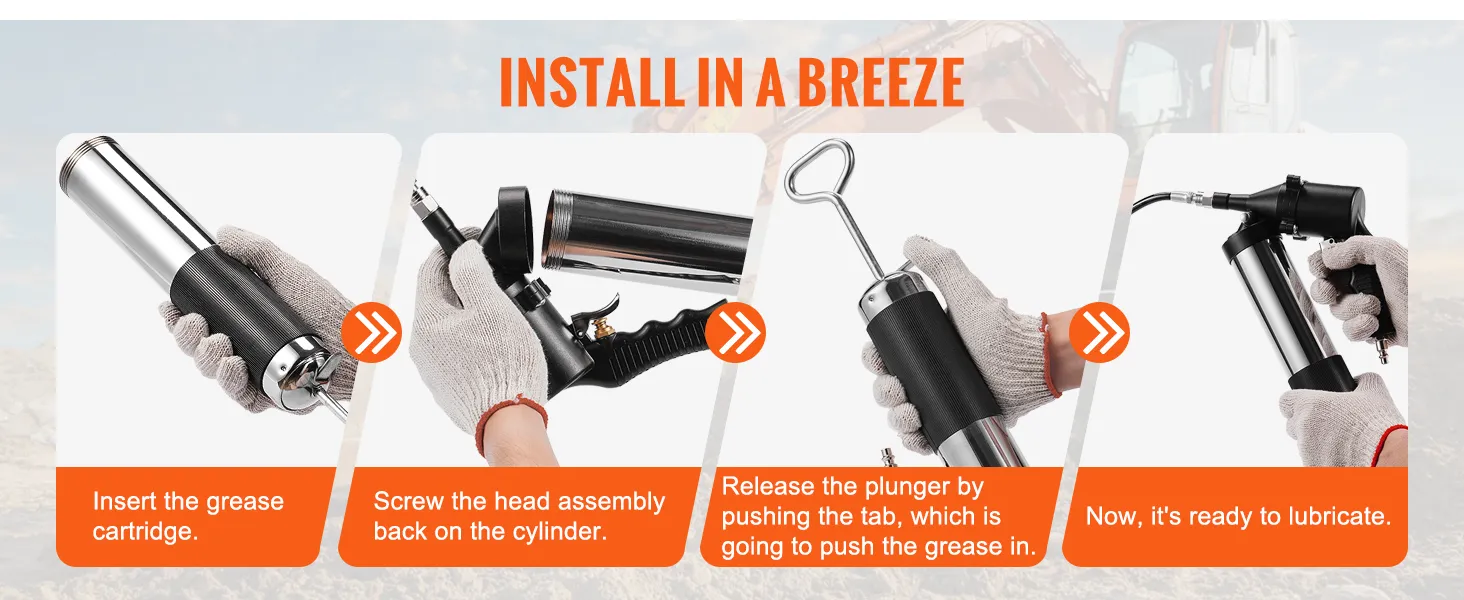 Anleitung für die druckluftbetriebene Fettpresse von VEVOR: Kartusche einsetzen, Montage verschrauben, Kolben loslassen, schmieren.