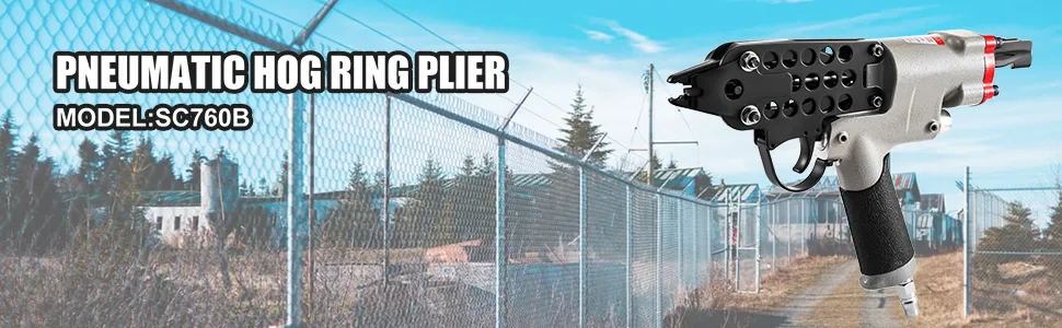 VEVOR hog ring stapler beside a chain-link fence with a blue sky background.