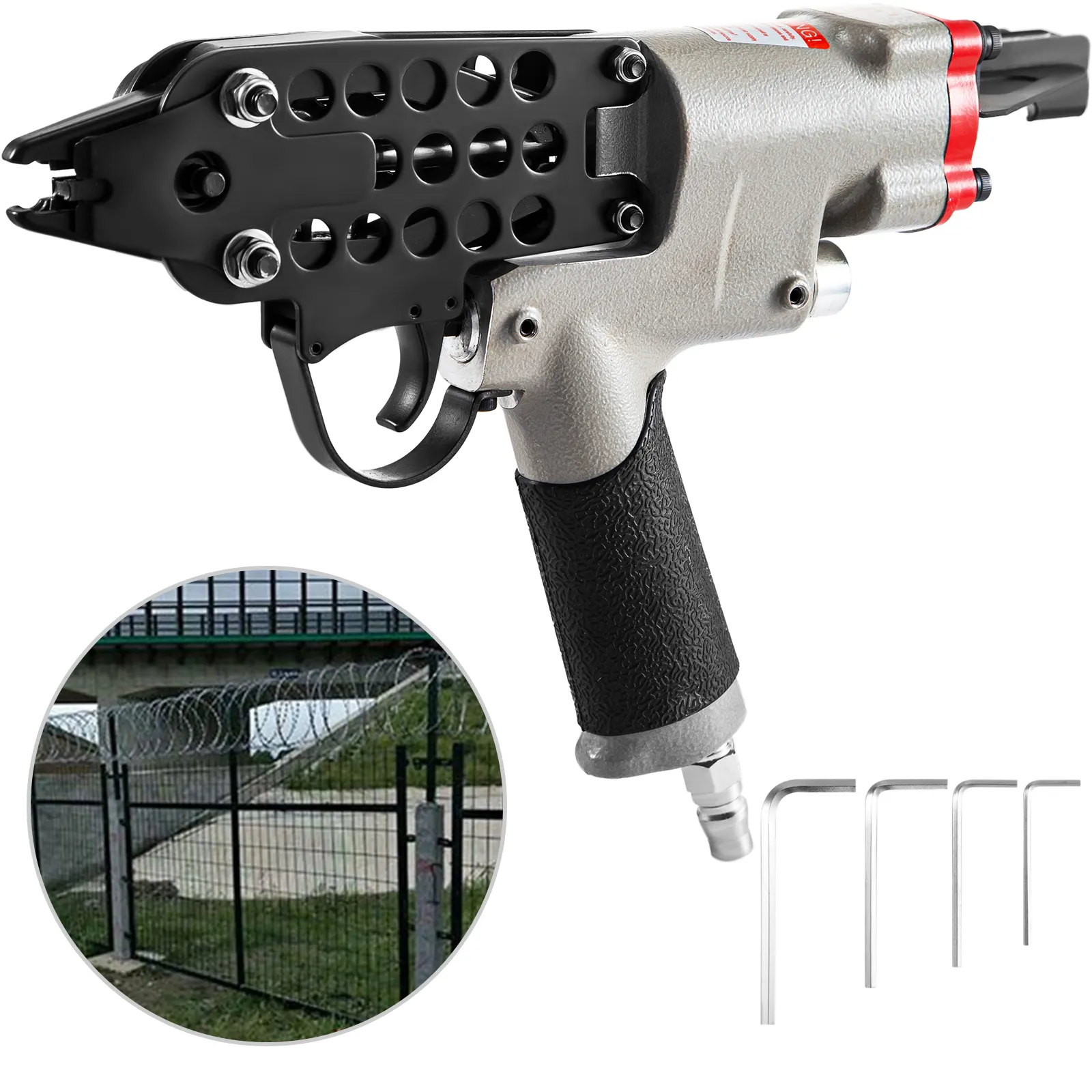VEVOR hog ring stapler, black and gray, close-up, with fence and hex keys.