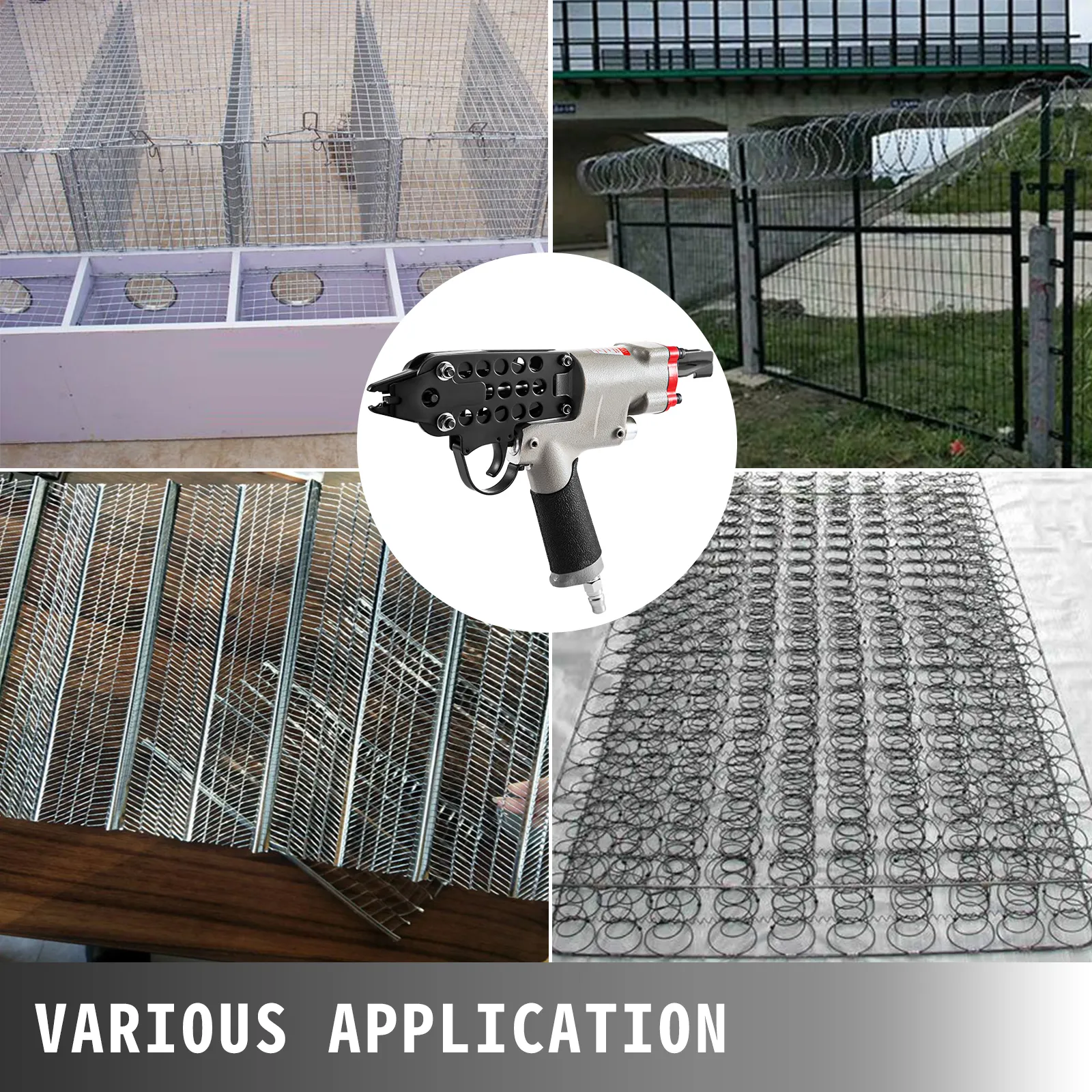 VEVOR hog ring stapler with various applications: fences, mesh, bedding, and cages.