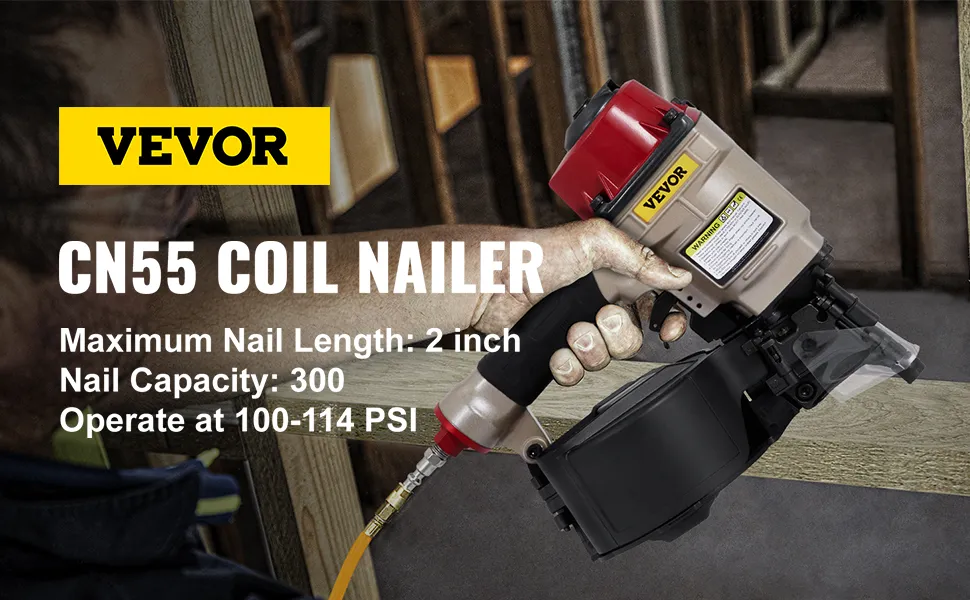 Chiodatrice per rivestimenti in bobina VEVOR con lunghezza massima dei chiodi di 2 pollici, capacità di 300 chiodi, 100-114 psi.
