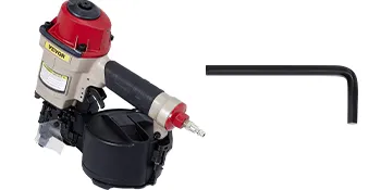 Chiodatrice per rivestimenti in bobina VEVOR con parte superiore rossa e impugnatura nera accanto a una chiave esagonale a L.