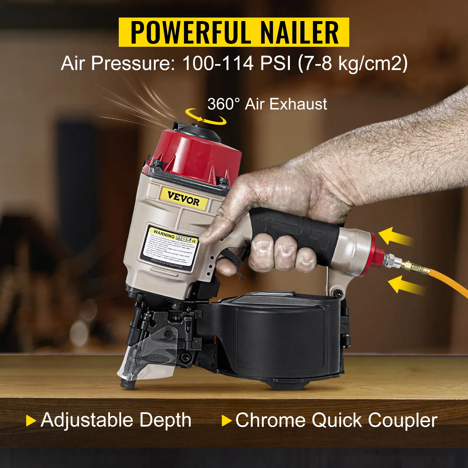 mano che tiene in mano una chiodatrice per rivestimenti a bobina VEVOR con profondità regolabile e attacco rapido cromato.