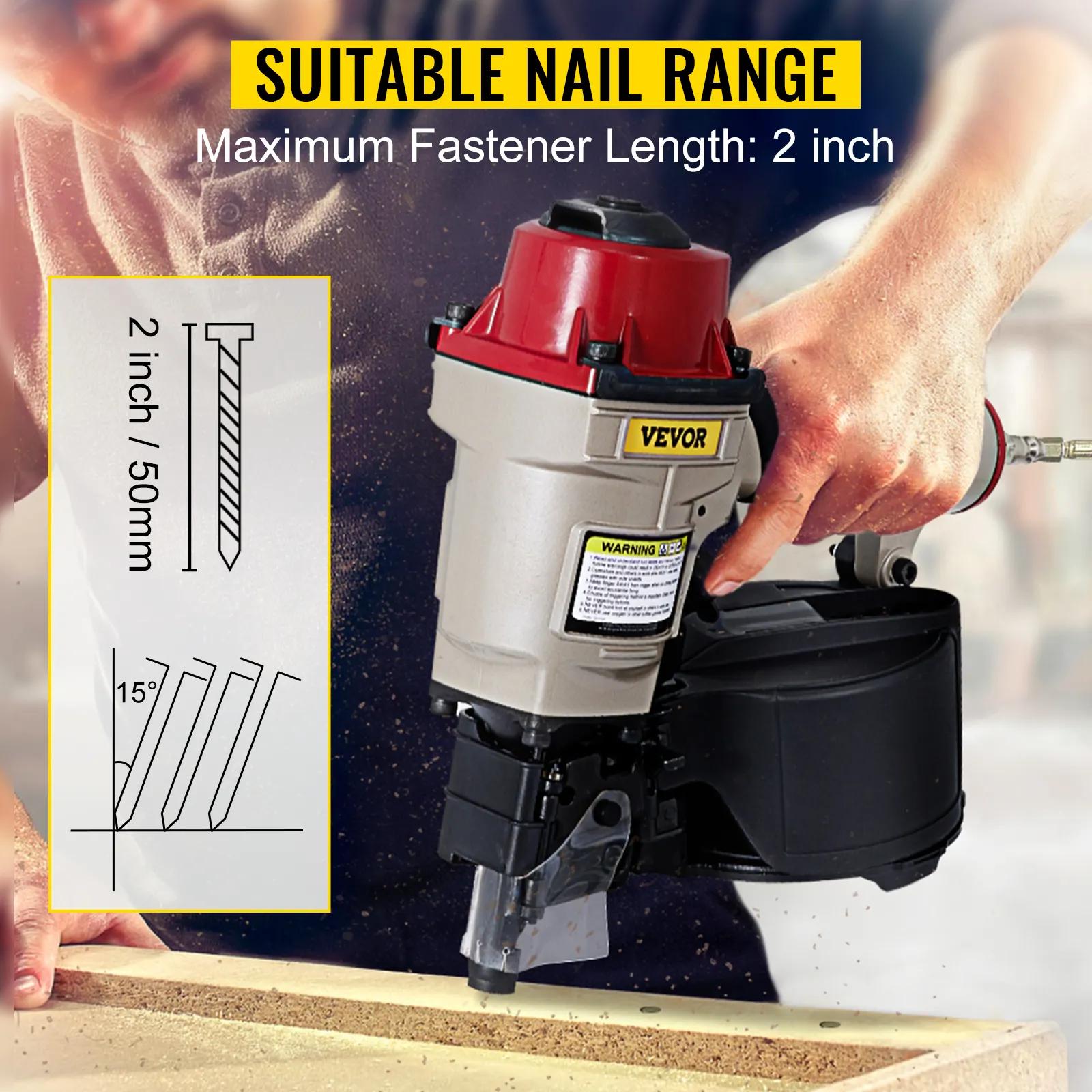 Chiodatrice per rivestimenti in bobina VEVOR per chiodi da 2 pollici con lunghezza massima del fissaggio di 2 pollici.