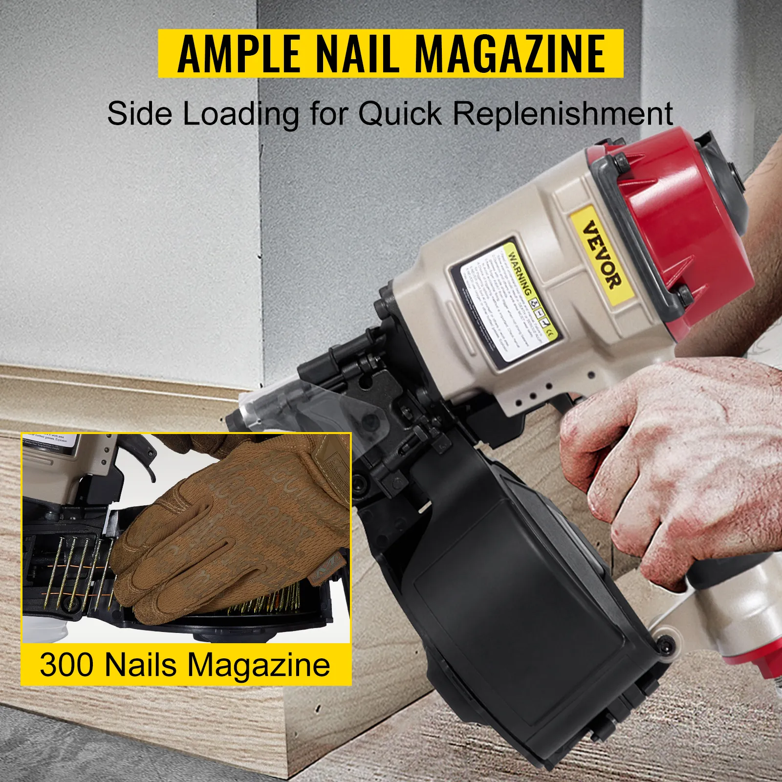 Chiodatrice per rivestimenti in bobina VEVOR con ampio caricatore da 300 chiodi per un rapido caricamento laterale.
