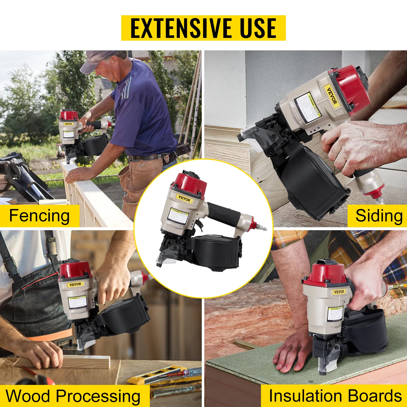 Chiodatrice per bobine di rivestimento VEVOR utilizzata per recinzioni, rivestimenti, lavorazione del legno e pannelli isolanti.