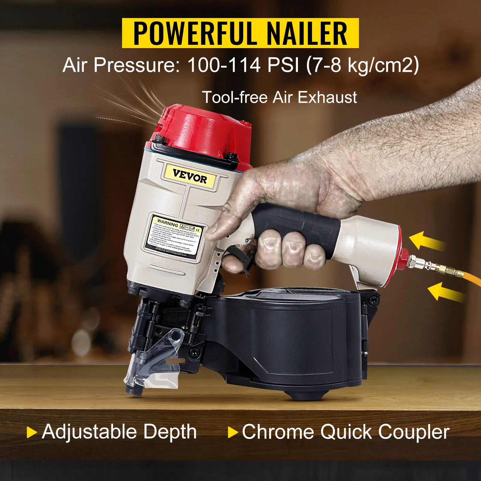 VEVOR cn70 Coil-Verkleidungsnagler mit einstellbarer Tiefe, verchromter Schnellkupplung.