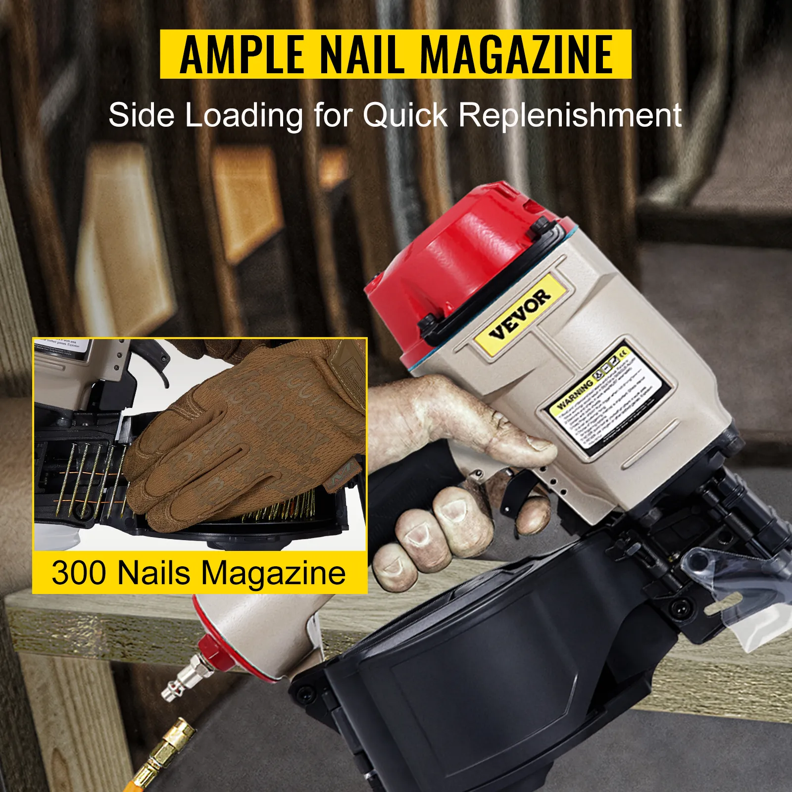 VEVOR cn70 Coil-Verkleidungsnagler mit 300-Nägel-Magazin für schnelles seitliches Beladen.