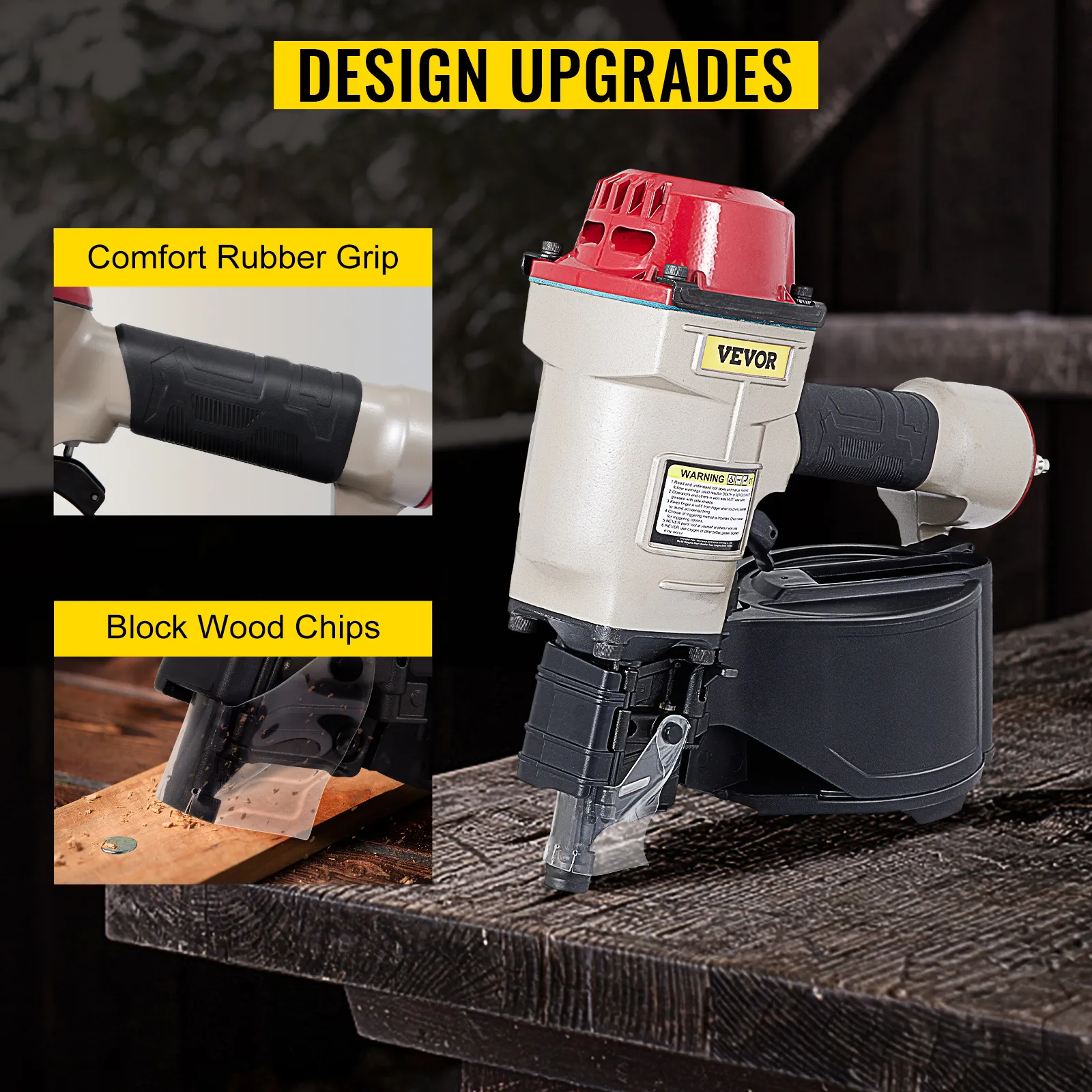 VEVOR cn70 Coil-Verkleidungsnagler mit komfortablem Gummigriff und Holzspanblock-Funktion.
