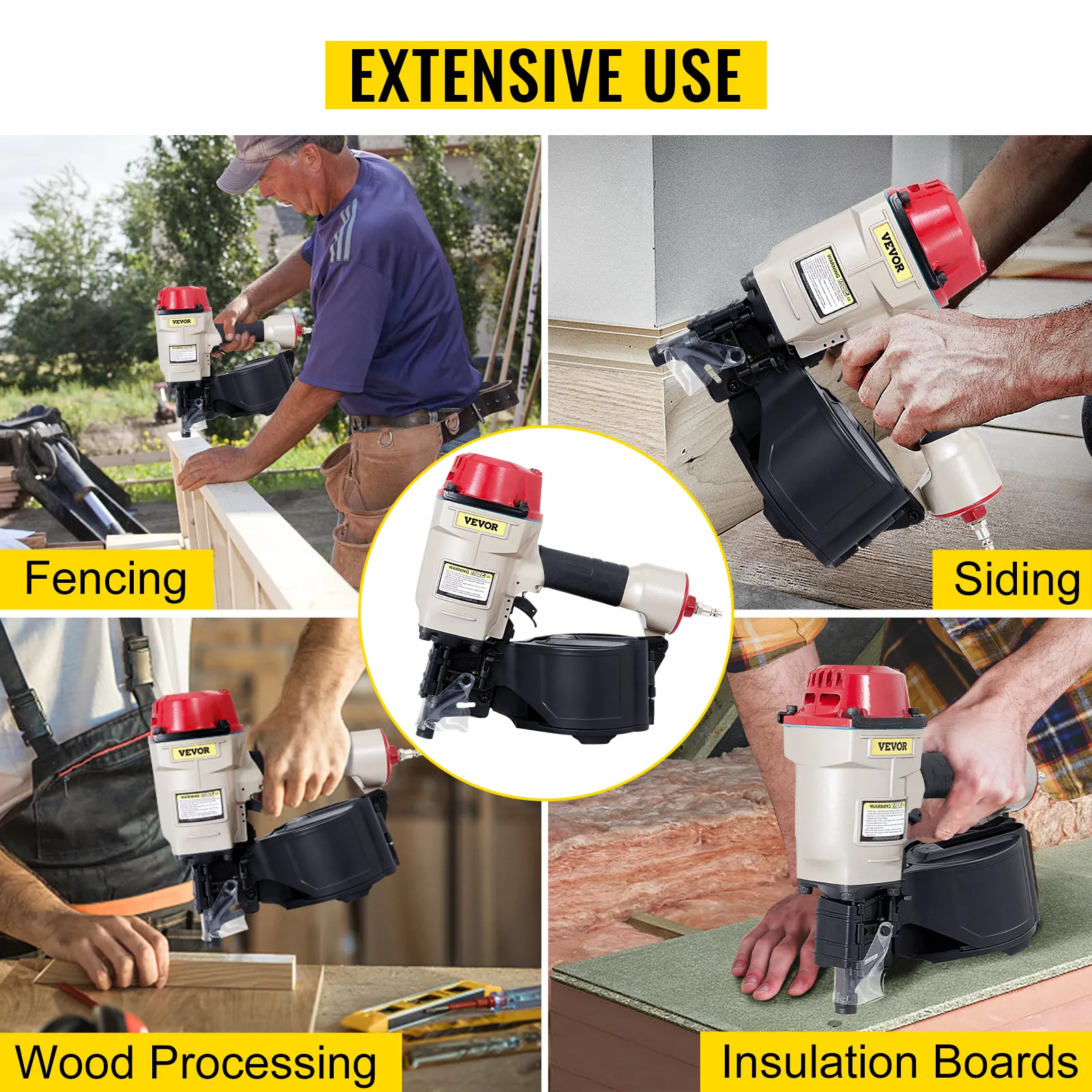 VEVOR cn70 Coil-Verkleidungsnagler im Einsatz für Zäune, Holzverarbeitung, Verkleidungen, Dämmplatten.