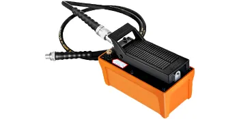 Bomba neumática hidráulica VEVOR naranja con pedal negro y mangueras adjuntas.