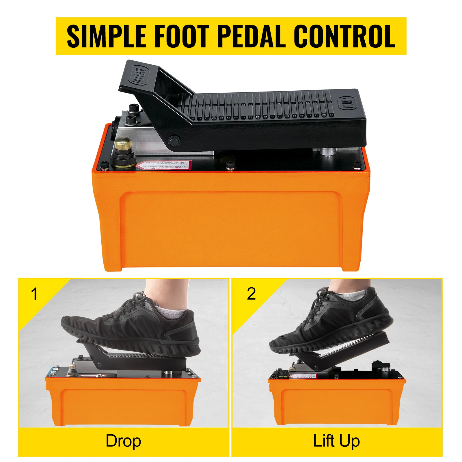 Bomba hidráulica neumática VEVOR con control de pedal simple para elevar y bajar.