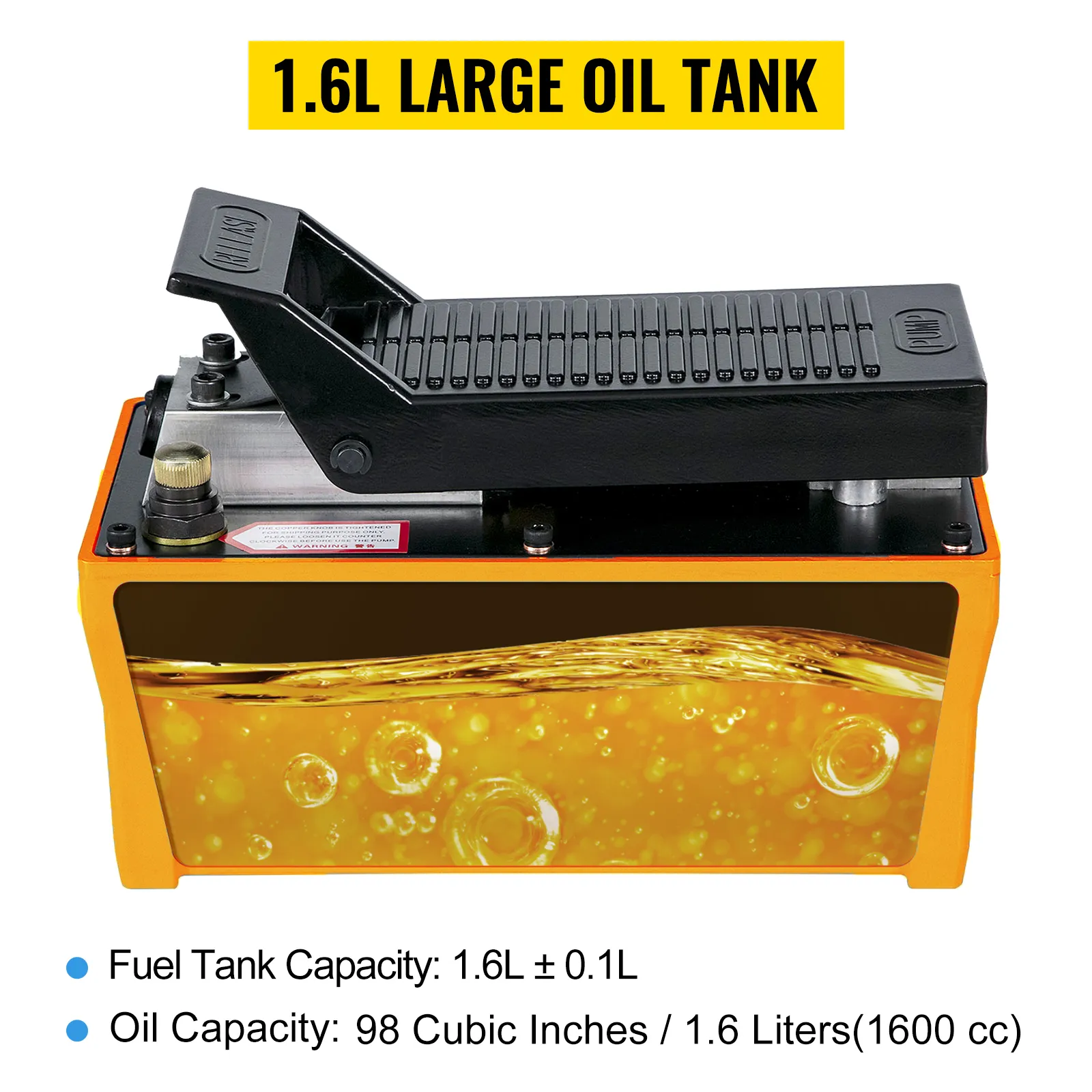 Bomba hidráulica de aire VEVOR con tanque de aceite grande de 1,6 l, pedal negro y detalles de capacidad.