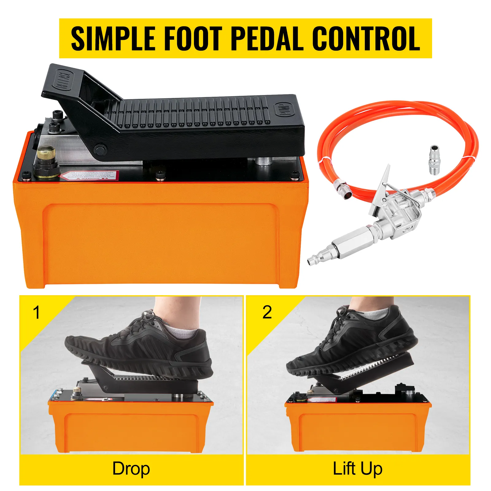 VEVOR air hydraulic pump with simple foot pedal control and attached red hose.