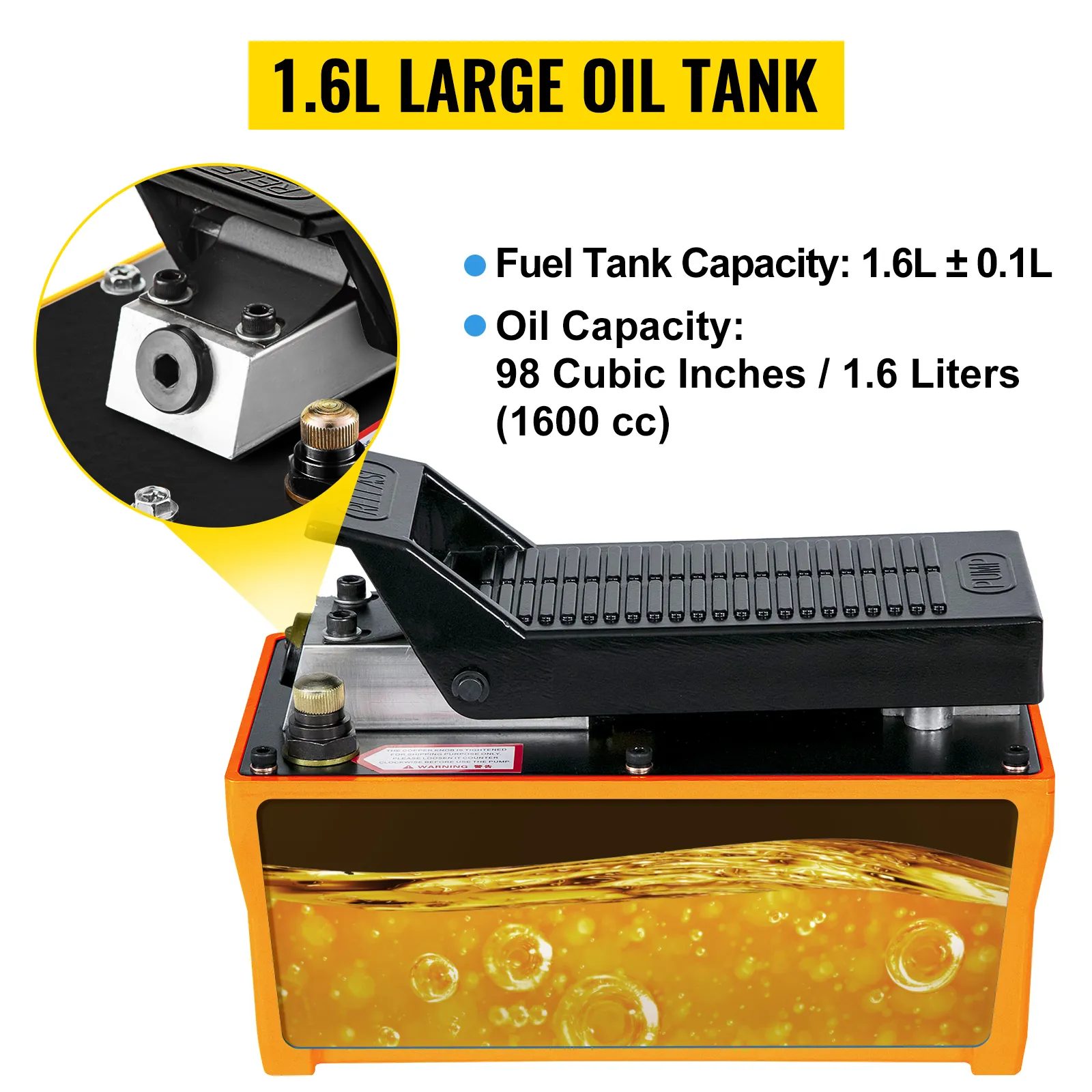 VEVOR air hydraulic pump with 1.6l oil tank capacity, highlighted features.