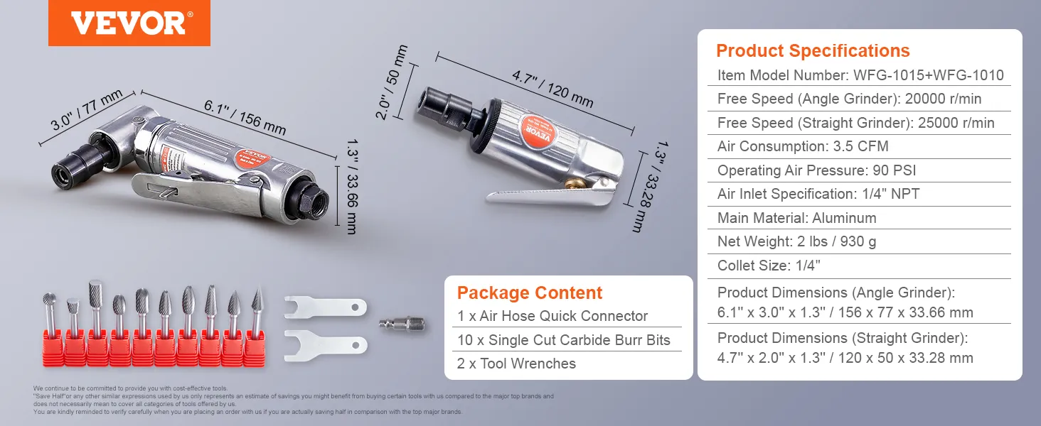 Kit de amoladora neumática VEVOR, que incluye amoladoras rectas y angulares, brocas de carburo y llaves para herramientas.
