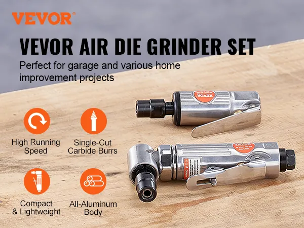 Kit de amoladora neumática VEVOR sobre superficie de madera, destacando características como alta velocidad de funcionamiento y tamaño compacto.
