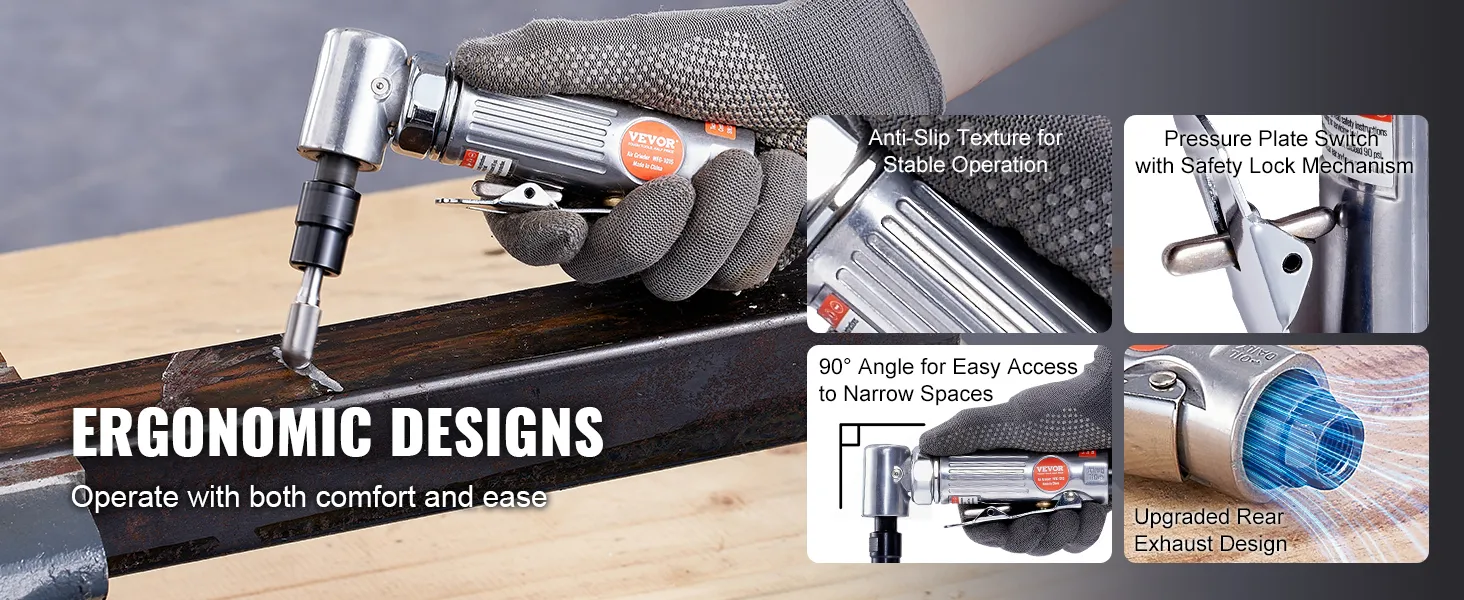 Kit de amoladora neumática VEVOR con diseño ergonómico que presenta textura antideslizante y varias características.