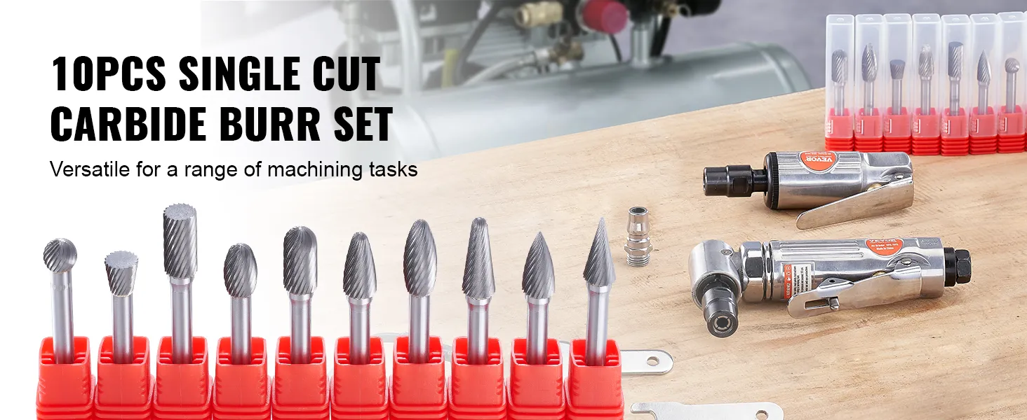 Juego de 10 fresas de carburo de corte único con kit de amoladora neumática VEVOR sobre una superficie de madera. Versátil para tareas de mecanizado.