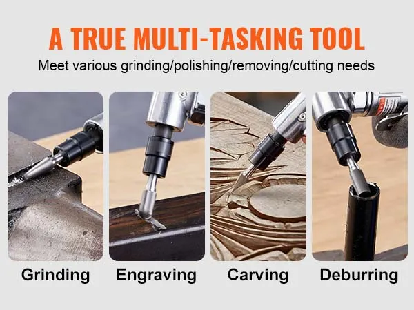 Kit de amoladora neumática VEVOR que realiza esmerilado, grabado, tallado y desbarbado en diversas superficies.