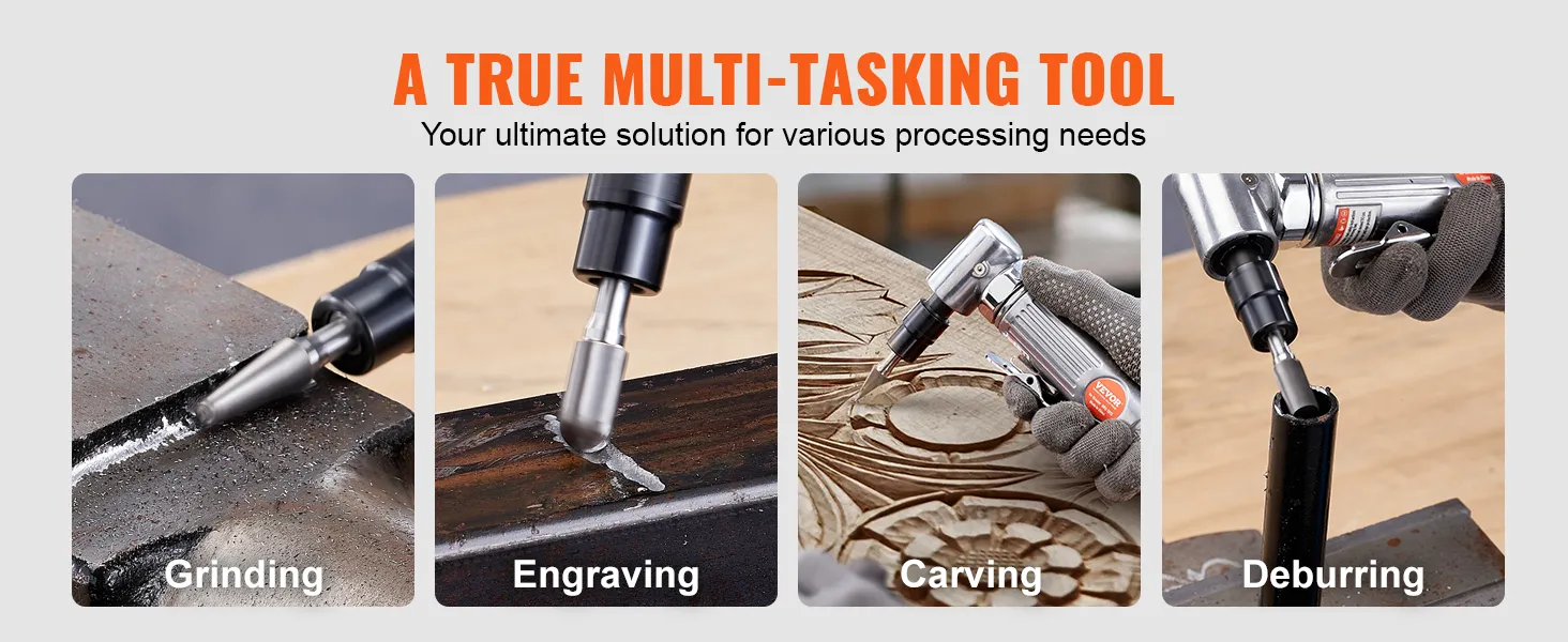 Kit de amoladora neumática VEVOR que realiza esmerilado, grabado, tallado y desbarbado en diversas superficies.